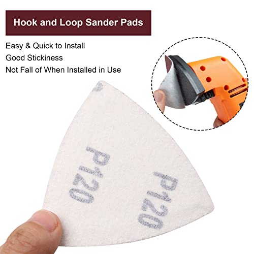 120 Pcs Triangle Sanding Pads, 120 Grits Detail Sander Sandpaper Hook and Loop Sanding Sheet,3-1/8"(80mm) Triangular Sandpaper for 3-1/8" Oscillating Multi Tool, No Holes - size: 120 Grit, style: No Hole