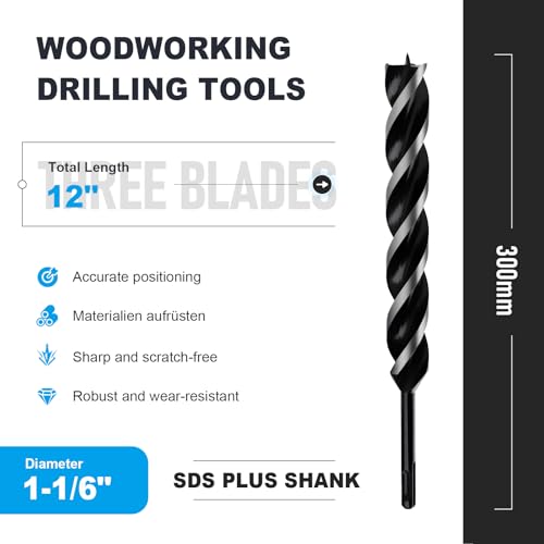 1-1/6" x 12" Auger Drill Bit with SDS Plus Shank for Wood - size: 1-1/6"x12"