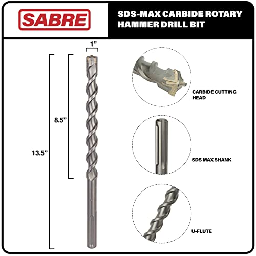 Sabre Tool 1 Inch x 13 Inch SDS MAX Rotary Hammer Drill Bit, U-Flute, Carbide Tipped for Brick, Stone, and Concrete, SDS MAX Shank (1inches x 8.5inches x 13 - size: 1" x 13"