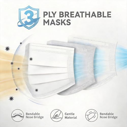 Disposable Face Masks 100 Pack, 3-Ply Breathable Masks with Soft Comfortable Earloops, Adjustable Nose Clip for Office, Travel, School & Public Use, White - color: White
