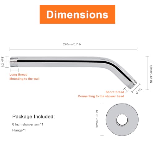 Shower Arm with Flange and Teflon Tape, Wall Mounted Shower Pipe 304 Stainless Steel Extension Arm for Fixed Shower Head & Handheld (8 Inch, Chrome) - color: Chrome, style: 8 Inch