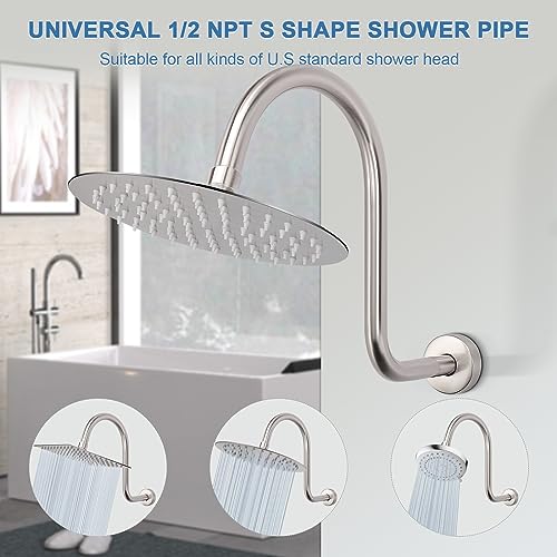 S Shaped Shower Arm, High Rise Shower Head Extension Pipe Standard 1/2" Connection with Flange, Awesome Shower Experience-Stainless Steel Bathroom Accessory(13 Inch 2-S Shape, Brushed Nickel) - color: Brushed Nickel, style: 13" 2 Shape