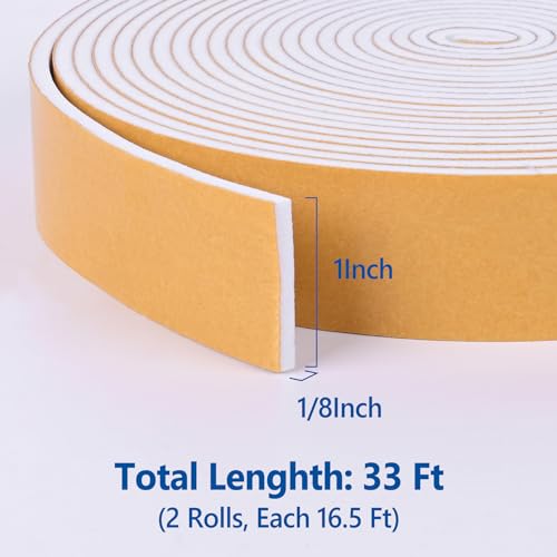 Self-Adhesive Weatherstrip 1in x 1/8in x 33Ft High Density Foam Insulation Strips with Strong Adhesive for Door and Window Sound Isolation - size: 1in x 1/8in x 33Ft
