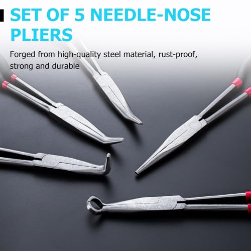 5 Piece Long Reach Plier Set - 11” Long Needle Nose Pliers Sets - Straight, 25, 45, 90-Degree Angle, Long Reach Bent Circle Pliers for Hard-to-Reach Narrow Spaces