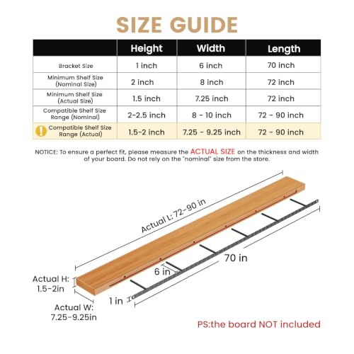 2pcs Floating Shelf Bracket Heavy Duty,Decorative Floating Shelf Hardware Hidden Black Metal Fireplace Mantel Brackets (70"X6"X1.0" with Tools) - size: 70"X6"X1.0"
