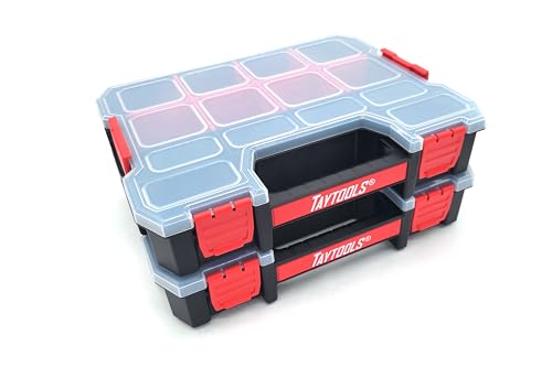 Taytools 14 Compartment Medium Parts Organizer Box - Dual Latch Portable Tool Box with Removeable Dividers for Storing Hardware, Screws, Bolts, Nails, Beads or Jewely