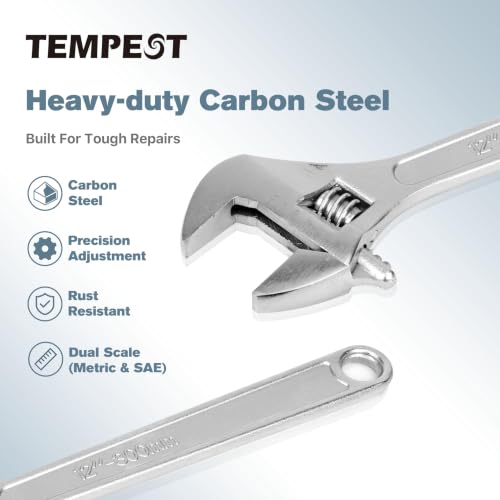 Tempest 12 Inch Adjustable Wrench with Laser Etched SAE and Metric Scales, Carbon Steel Heavy Duty Leverage Shifter Spanner with Smooth Worm Gear for Large Pipe Repairs and Mechanical Tasks - size: 12 Inch