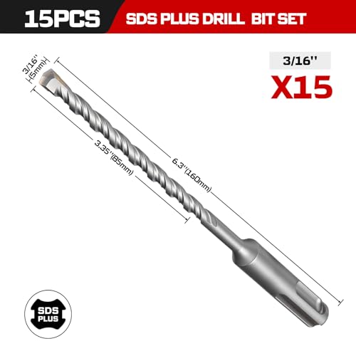 Geinxurn 3/16" x 6" SDS Plus Rotary Hammer Drill Bits, 15PCS Double Thread Masonry Drill Bits Set Carbide Tipped, Drilling in Brick, Stone and Concrete, Cement Walls - size: SDSBIT031606-015