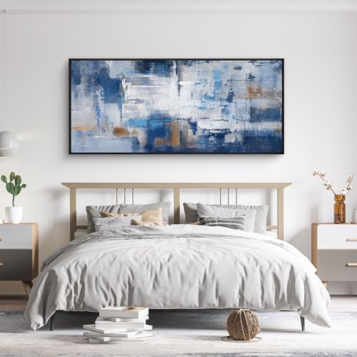 KLAKLA Extra Large Wall Art 86x29 Inches - Abstract Huge Canvas Picture Wall Decor Living Room Oversized Artwork for Walls Bedroom Office Decoration Modern Frame Wall Art - color: Blue-White-Gray + Black frame, size: 86"L x 39"W