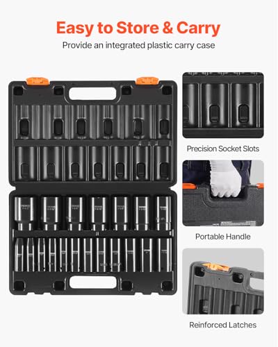 VEVOR Impact Socket Set 1/2 Inches 19 Piece, Deep Socket, 6-Point Sockets, Rugged Construction, Cr-V, 1/2 Inches Drive Socket Set Impact 3/8 inch - 1-1/2 inch, with a Storage Cage - size: 1/2" 19PCS Deep