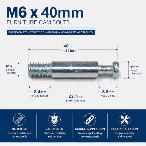 10PCS 40mm Cam Bolts for Furniture, Threaded Cam Connector Bolts - size: 40mm