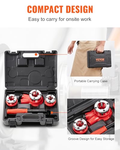 VEVOR Ratchet Pipe Threader Kit with 3 Dies, 1/2" NPT, 3/4" NPT, 1" NPT Ratcheting Pipe Threading Tool, Portable Pipe Threader Set with Storage Case for Plumbing Installation and Repair - size: 1/2" - 1”