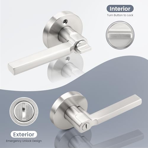 Satin Nickel Interior Door Handle with Lock,Brush Nickel Privacy Door Lever for Bedroom or Bathroom,Keyless Round Door Lock Interior for Left and Right Hand Reversible,6Pack - color: Satin Nickel, size: Privacy