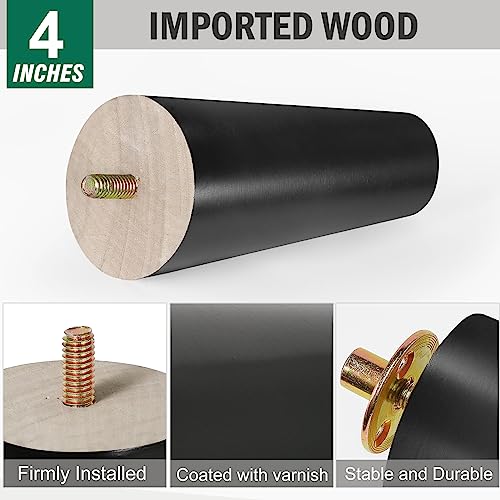 FoDau770 Rubber Wood Legs 4", Slant Taper, 5/16"-18 Thread, Black, 4pcs | Wood Couch legs - Mid Century Sofa Legs - Furniture legs Replacement for Cabinet Dresser Chair Ottoman - color: Black, size: 4 Inch - Slanted (80°)