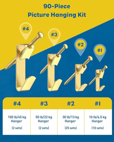 Uniclife 90 Pcs Heavy Duty Picture Hanging Kit, Picture Hanging Hooks,Gold - size: 90 Pcs, style: Gold