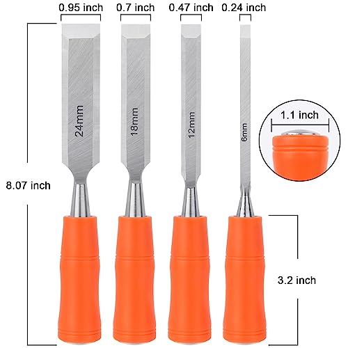 4 Piece Wood Chisel Sets Woodworking Tools Set, Wood Chisels for Woodworking with Steel Hammer End, Wood Tools Chisel Set Woodworking with Ergonomic Plastic Handle, 6mm, 12mm, 18mm, 24mm - size: 4 Pack