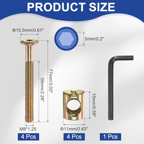 PATIKIL 4 Set Bunk Bed Bolts and Nuts Kit, M8x75mm Furniture Bolts Hex Drive Socket Cap Hardware Replacement for Beds Headboards Chairs - size: M8x75mm