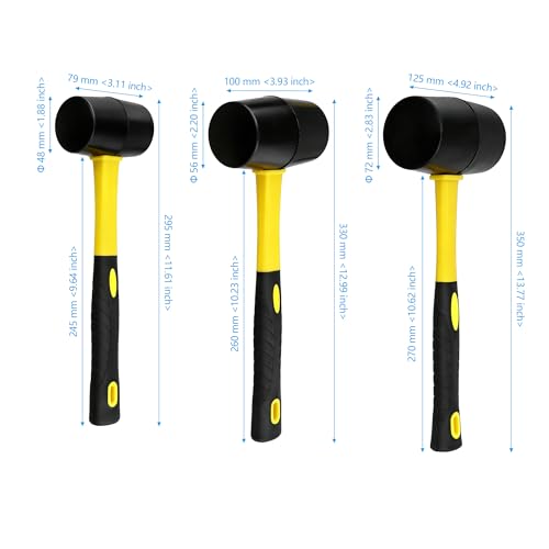 3 PCS Rubber Mallet Hammer Set (8oz/16oz/32oz), Rubber Mallet Heads with Non-Slip Fiberglass Handle for Woodworking, Flooring and Tent Stake Installation - size: 8oz/16oz/32oz