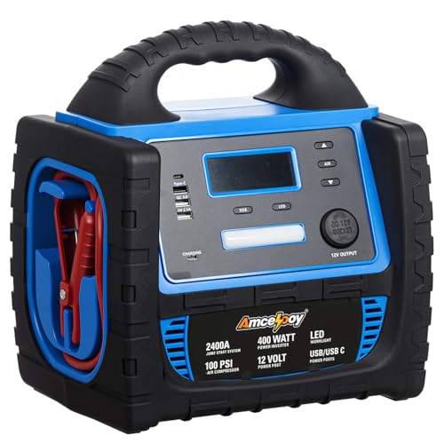 2400A Car Battery Jump Starter and Portable Power Station – Starts 8.0L Gas & 8.0L Diesel – 6-in-1 Jump Starter with Air Compressor 100 PSI Tire Inflator – 400 Watt Inverter AC/DC/USB Outlets - color: Blue