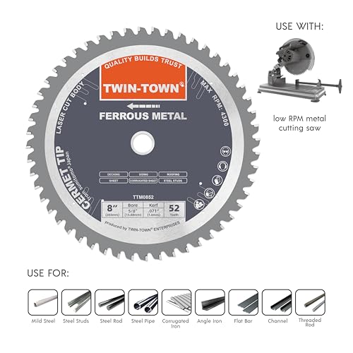 TWIN-TOWN 8 Inch 52 Teeth Dry Cut Steel and Ferrous Metal Cermet Saw Blade with 5/8-Inch Arbor - size: 8" 52T thick steel