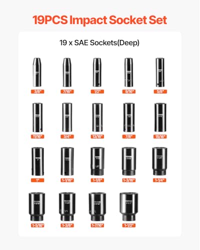 VEVOR Impact Socket Set 1/2 Inches 19 Piece, Deep Socket, 6-Point Sockets, Rugged Construction, Cr-V, 1/2 Inches Drive Socket Set Impact 3/8 inch - 1-1/2 inch, with a Storage Cage - size: 1/2" 19PCS Deep