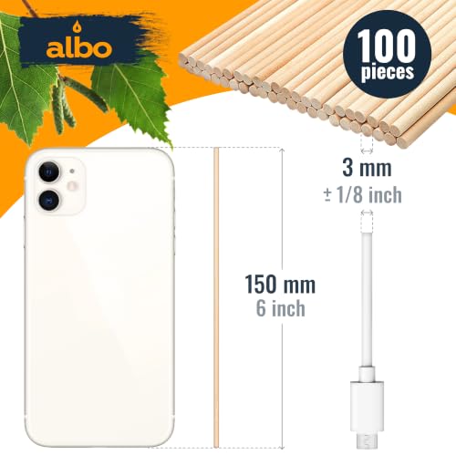 ALBO Wooden Dowel Rods 100 PCS 1/8" x 6" Inch Round Wood Sticks for Crafts, DIY Projects and Macrame Hardwood Assorted Bouquet Sticks Cake Dowels for Tiered Cakes - size: 1/8" x 6" 100 Pcs