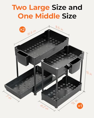Sevenblue 3-Pack 2-Tier Under Sink Organizers with Sliding Drawers - color: Black, size: 12.8 Inch