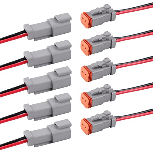 Deutsch DT 2 Pin Connector 5 Sets - 2 Way DT Automotive Waterproof Male Female Plug Wiring Harness for Car, Truck, Boats, LED Work Light, 16 AWG. (5 Sets 2 Pin, Grey) - size: 2-pin