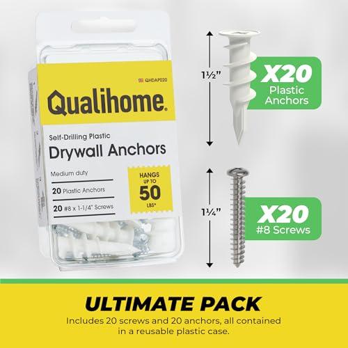Qualihome Drywall Anchors with Screws – 40 Piece Set (20 Anchors + 20#8 x 1-1/4" Screws) | Self Drilling Drywall Anchors Heavy Duty | Wall Anchors for Drywall | Plastic Screw Anchor Kit - style: 20 Pack