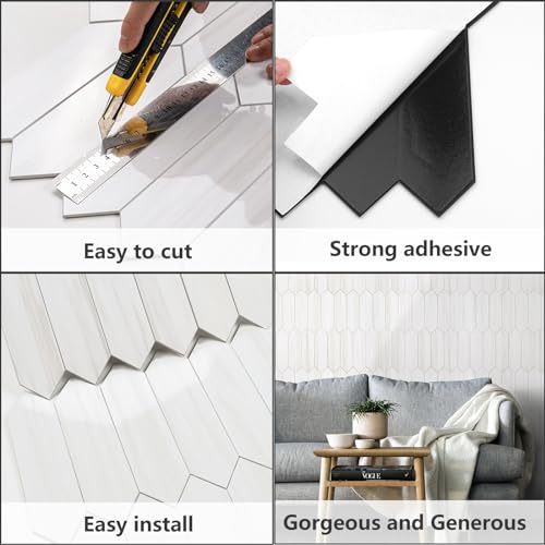 Vamos Tile Glossy Dolomite White Backsplash Tile Peel and Stick, 12.8 x 12.8 Inch 10 Sheets Long Hexagon PVC Self Adhesive Mosaic Wall Tiles Stick on Backsplash for Kitchen and Bathroom - color: Glossy Dolomite White