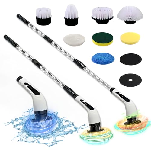 Electric Spin Scrubber- Ditch the Scrubbing! Long Handle Shower Scrubber with 9 Replaceable Heads - 2 Speed Cordless Brush Ensures Long Battery Life, Modern Design! (White)