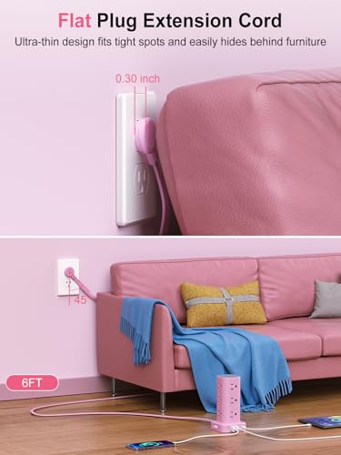 6FT Power Strip Tower Surge Protector, 12 Wide Spaced Outlets, 4 USB - color: Pink, size: 6FT without Wireless Charging