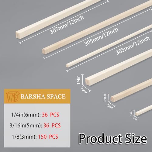 222Pcs Balsa Wood Sticks - size: 1/8" + 3/16" + 1/4" 222pcs