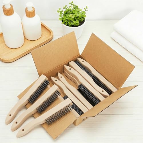 Elsjoy 12 Pack 10 Inch Wire Scratch Brush with Wooden Handle, Heavy Duty Steel Wire Brushes for Cleaning Rust, Paint Removal