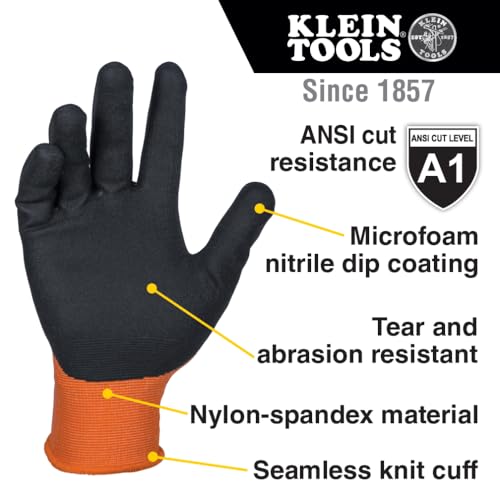 Klein Tools 60581 Work Gloves, Knit Dipped Cut Resistant ANSI A1 Nitrile Coated Gloves, Nylon-Spandex, Touchscreen Capable, Large, 2-Pair - size: Large, style: 2-pair Pack