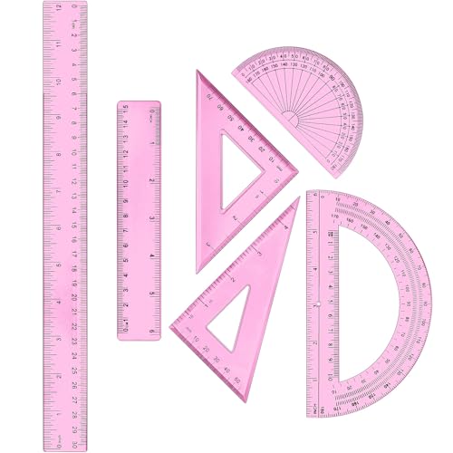 Tenare 6 Pcs Math Geometry Ruler Set, Protractor Triangle School,Pink - color: Pink