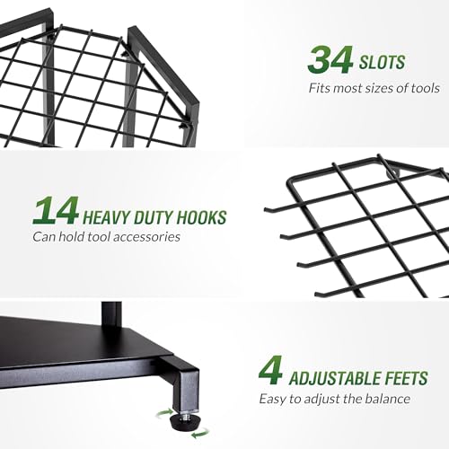 Garden Tool Organizer for Corner - Heavy Duty Metal Rack with 34 Storage Compartments & 14 Hooks for Shovels, Rakes, Long-Handled Tools, Ideal for Garden, Shed, Garage Storage - style: Corner Rack