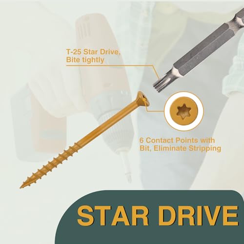 T.K.Excellent Deck Screws 2-1/2 Inch Wood Screws #9 x 2-1/2, 395 Pcs, Rust Resistant Tan Exterior Structural Screws, Torx Drive Screws, Two T25 Bits, Brilliant Yellow Ruspert Coating Rust Proof - size: #9×2-1/2