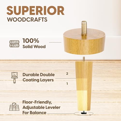 Yes4All 8 Inches Round Natural Solid Wood Furniture Legs Set of 4, Heavy Duty 800 Lbs Capacity Furniture Legs with Leveler, Replacement Legs for Furniture, Couch, Sofa, Dresser, Ottoman - color: Round Natural, size: 8 inch
