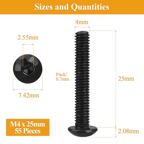 55 Pieces M4 x 25mm Button Head Socket Cap Screws, Thread Pitch 0.7mm, Sutemribor M4 Black Screws, 10.9 Grade Alloy Steel, Black Oxide Finish, Fully Threaded - size: M4 x 25mm, style: Button Head