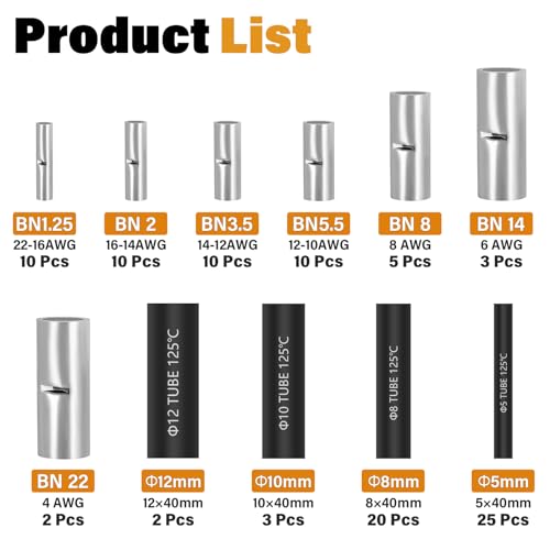 7 Values Non Insulated Butt Connectors Crimp with Heat Shrink Tube Uninsulated Wire Crimps Connector Pure Copper Splice for 22-16 16-14 14-12 12-10 8 6 4 AWG Gauge Wiring (Pack of 100pcs)