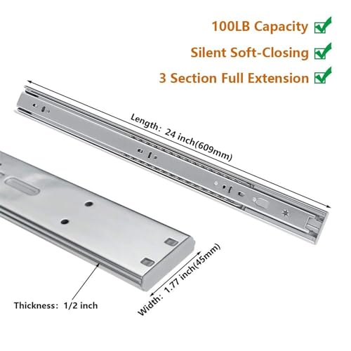 LONTAN 24 Inch Soft Close Drawer Slides with Rear Mounting Brackets 1 Pair - size: 24 Inch