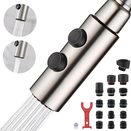 TIORIY Metal Kitchen Faucet Head Replacement, Pull Down Spray Head with 15 Adapters, 2 Function Kitchen Sink Spray Nozzle, Stainless Steel, Brushed Nickel - color: Brushed Nickel