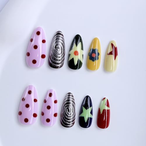 Short Almond Press On Nails Colorful with Y2K Star Swirl Polka Dot Flowers - color: Style27