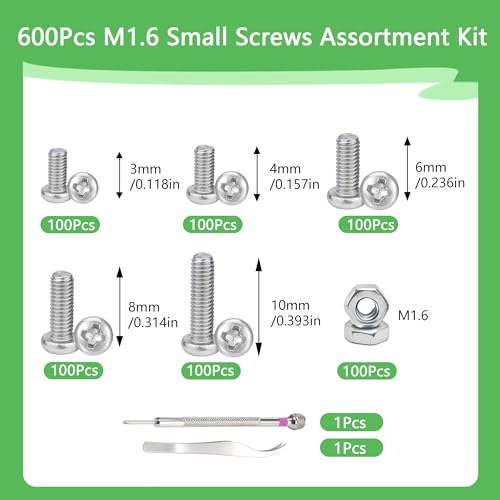 600Pcs M1.6 x 3mm / 4mm / 6mm / 8mm / 10mm Metric Micro Screws Nuts Assortment Kit, Phillips Pan Head, Tiny Machine Screws Assortment for Watch Repair, Electronics, RC Drones, Arduino, DIY Projects - size: M1.6x3/4/6/8/10-600Pcs