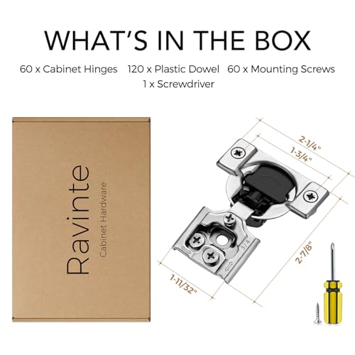 Ravinte 3/4 Inch Overlay Soft Close Hinge Kitchen Cabinet Hinges 60 Pack | 30 Pairs， Stainless Steel, Satin Nickel, Cabinet Hardware, Face Frame Fit, Adjustable For Kitchen, Cupboard, Furniture Doors - size: 3/4 inch Overlay