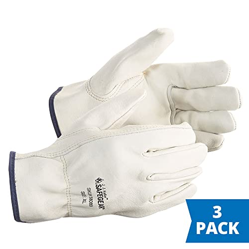 SAFEGEAR Cowhide Leather Work Gloves with Keystone Thumb - color: White, size: Medium (Pack of 3)
