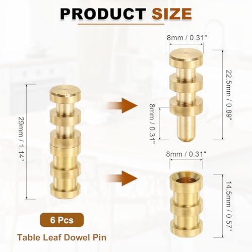uxcell 6Pcs Table Leaf Dowel Pin, 8x8x29mm Brass Table Top Leaf Alignment Pins Desk Bolt Sleeve Connectors for Furniture Cabinet Wooden Box, Gold Tone - size: 8x8x29mm