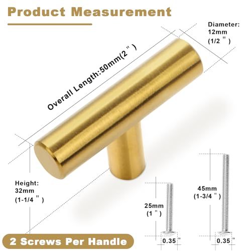 Estmoon 30 Pack Brushed Brass Cabinet Knobs Gold Drawer Pulls Stainless Steel Brushed Gold Dresser Knobs for Cabinets Cupboard Bathroom Kitchen Hardware, Single Hole T Bar Pulls, 2in Overall Length - color: Brushed Brass