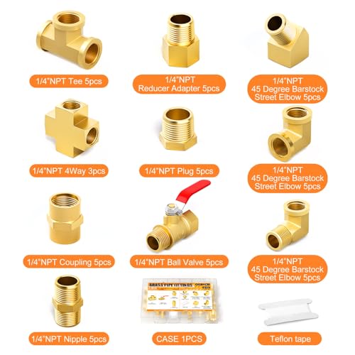 GASHER 48PCS 1/4"NPT Brass Pipe Fittings Kit，Coupling，90 Degree Elbow，45 Degree Elbow，Nipple，Ball Valve，Plug，Tee，4 Way，Reducer Adapter - style: Brass Pipe Fittings Kit（48Pcs）